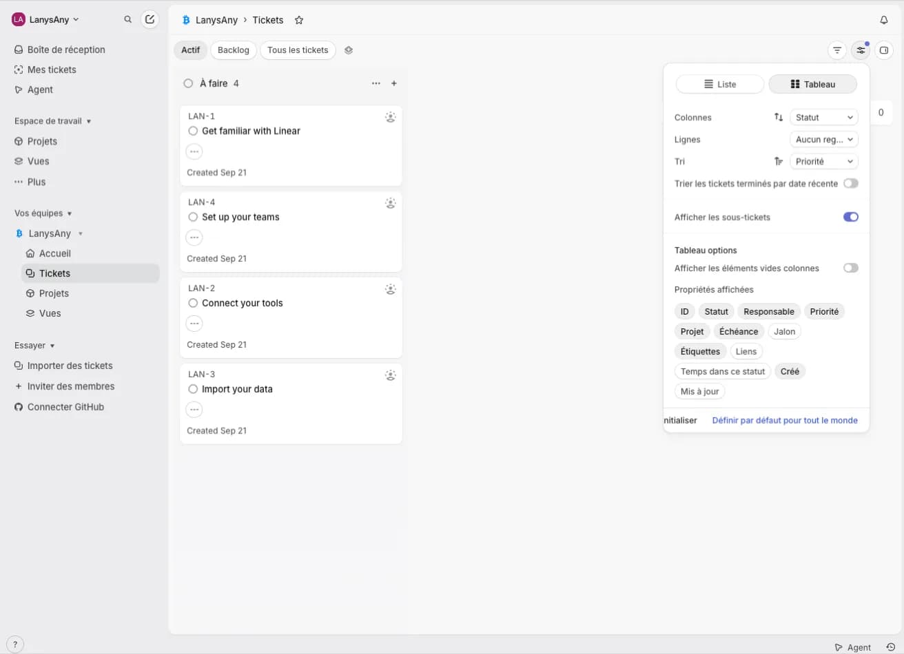 フランス語に翻訳された Linear.app のボードビューと表示オプションパネル