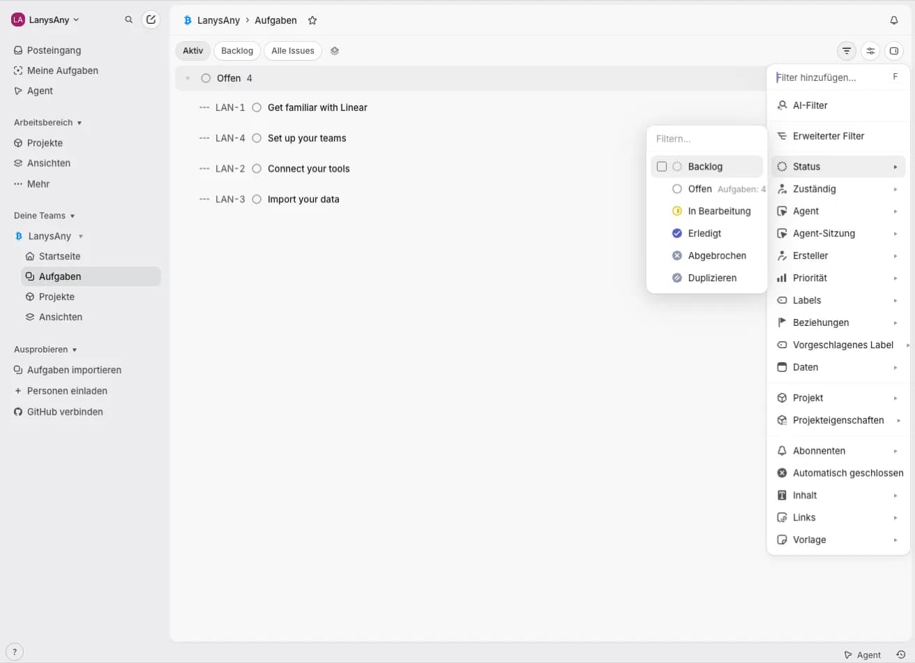ドイツ語に翻訳された Linear.app の課題リストとフィルターメニュー
