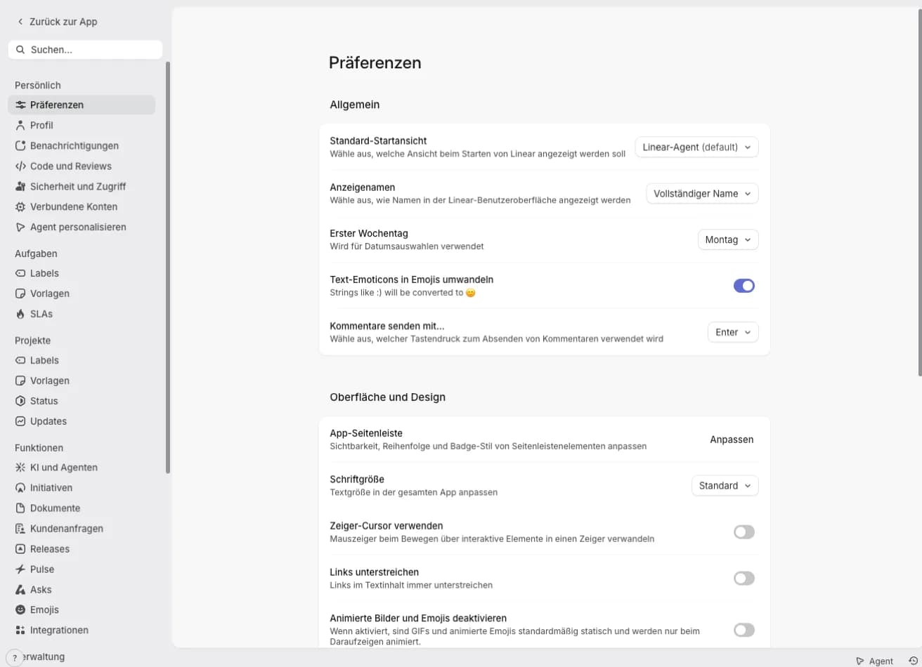 Linear.app Preferences page translated into German by the LangsAny Chrome extension