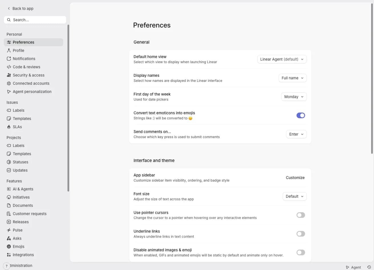 Linear.app Preferences page in its original English interface