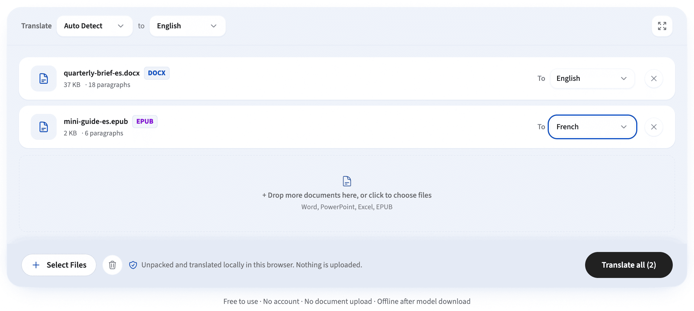 Free EPUB translator interface showing chapter by chapter translation and structure preservation