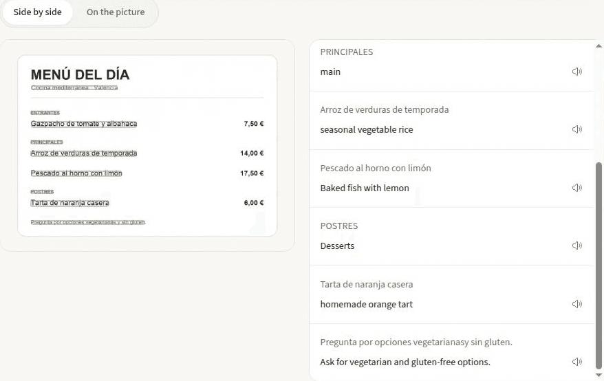 Real output of Polish image translator showing on-picture and side-by-side views