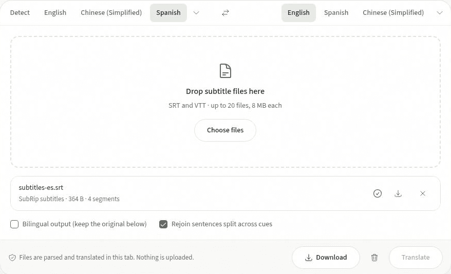 Free subtitle translator interface showing side-by-side SRT and VTT dialogue translation with synchronized timecodes