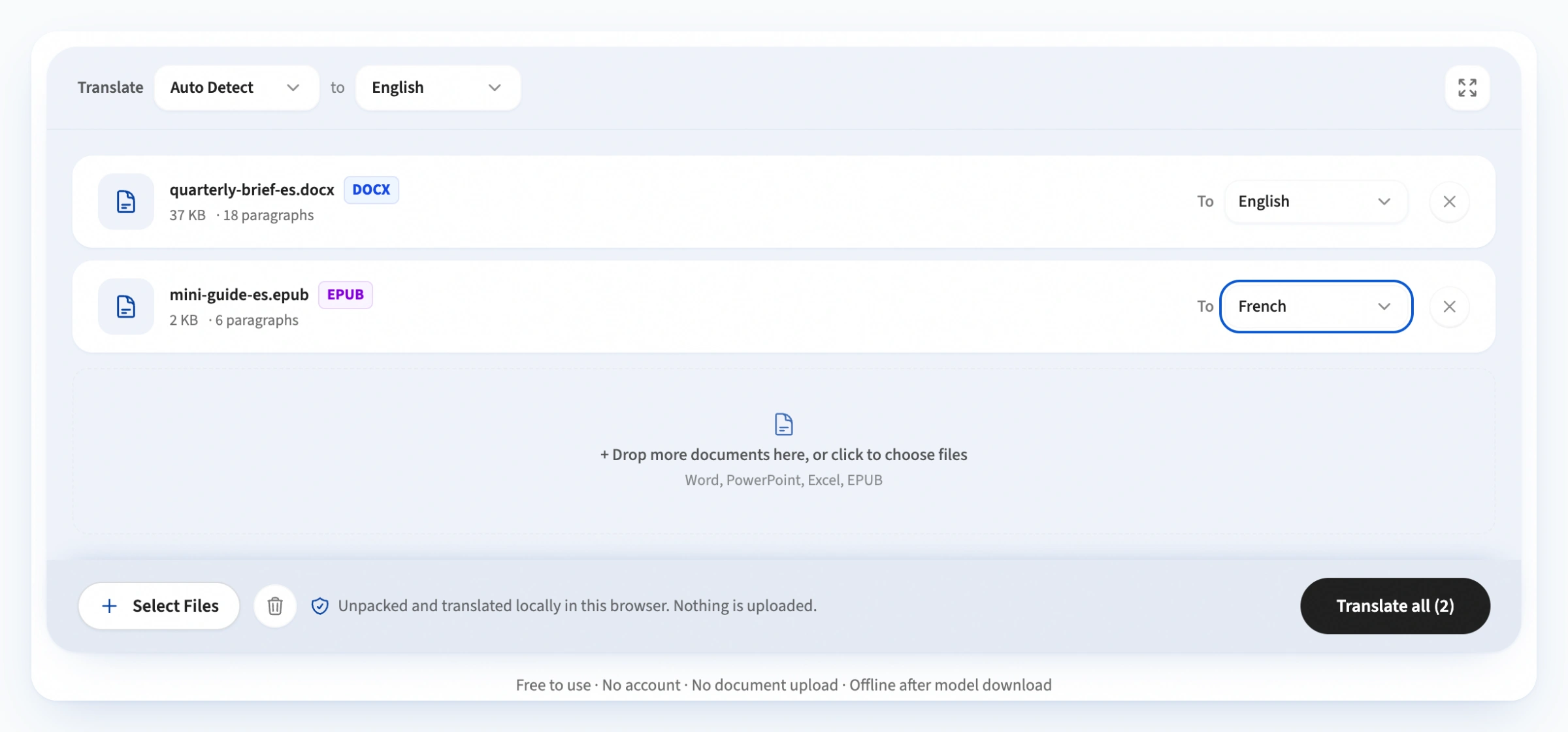 The document translator batch workspace showing multi-file queue with Word, PowerPoint, Excel and EPUB files, language controls, and progress indicators