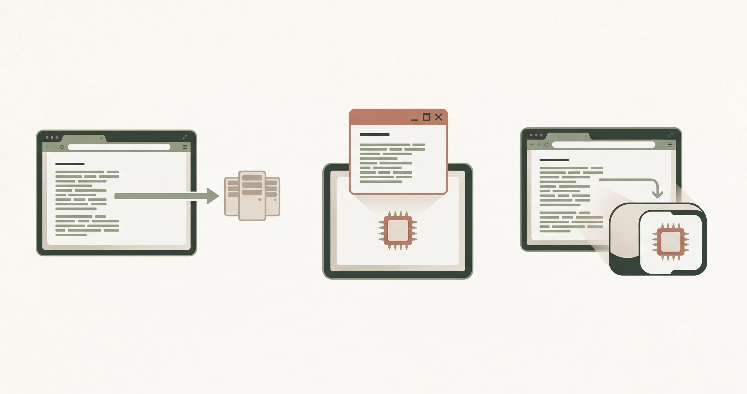 Three translation architectures compared: typical online server, installed offline app, and LangsAny running locally in the browser