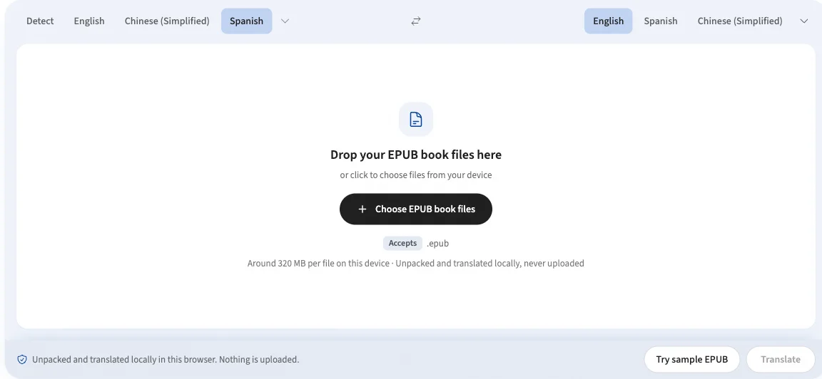 EPUB translator with source and target language selectors, a file picker and sample book control