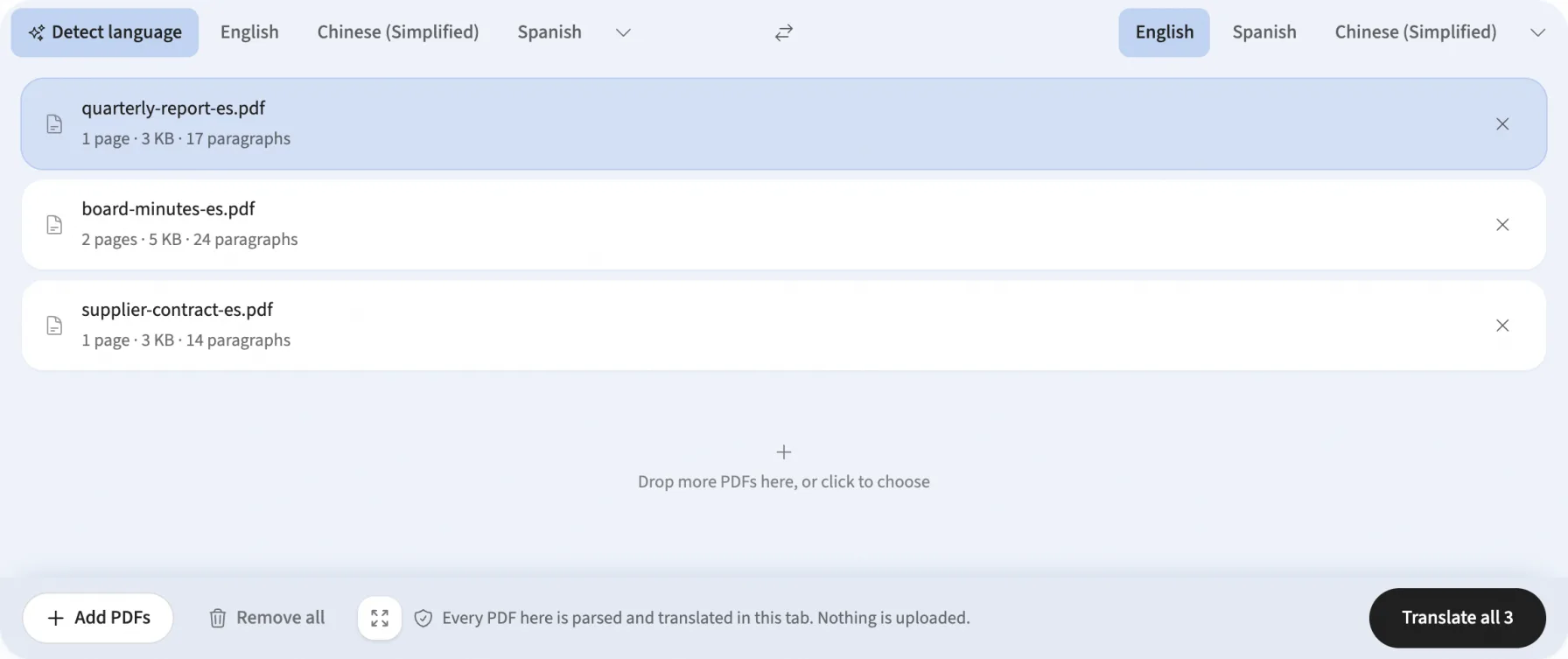 Multi-file batch queue panel showing queued PDF documents, page counts, file sizes, and client-side privacy notice